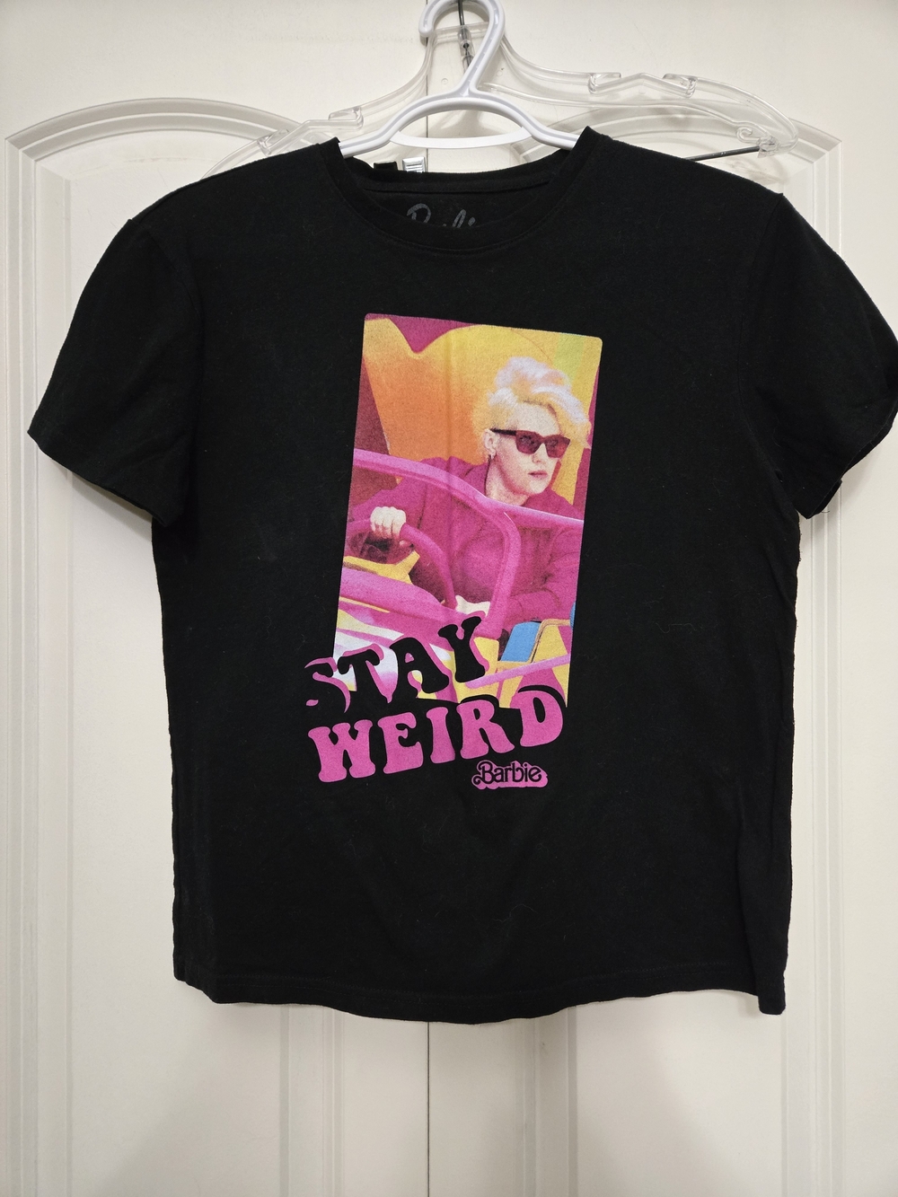 Barbie Stay Weird Black Short-Sleeve Tee with Pink & Yellow Retro Graphic